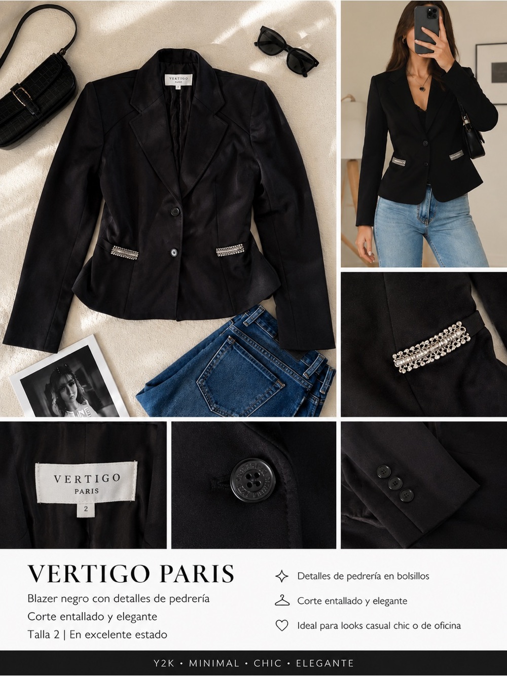 Vertigo Paris brown Tailored Blazer with Rhinestone Pocket Trim